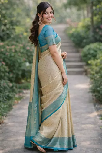 Off white sky kanjivaram silk blend banarasi saree with unstitched blouse piece