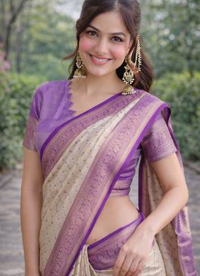 Off white sky kanjivaram silk blend banarasi saree with unstitched blouse piece 1