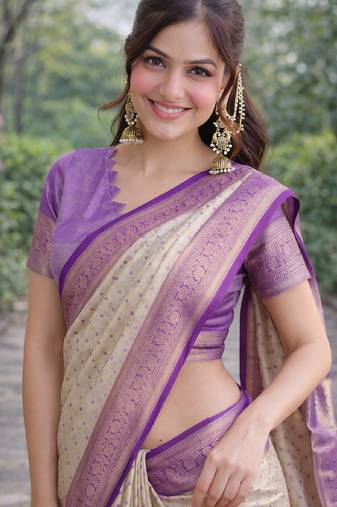 Off white sky soft kanjivaram silk banarasi jacuard work designer party wear saree with unstitched blouse piece
