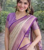 Off white sky kanjivaram silk blend banarasi saree with unstitched blouse piece