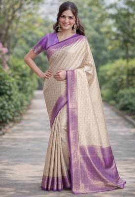 Off white sky kanjivaram silk blend banarasi saree with unstitched blouse piece 3