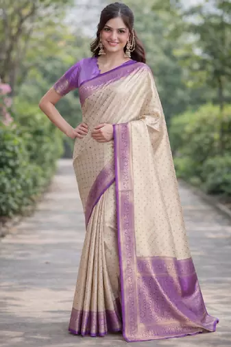 Off white sky kanjivaram silk blend banarasi saree with unstitched blouse piece