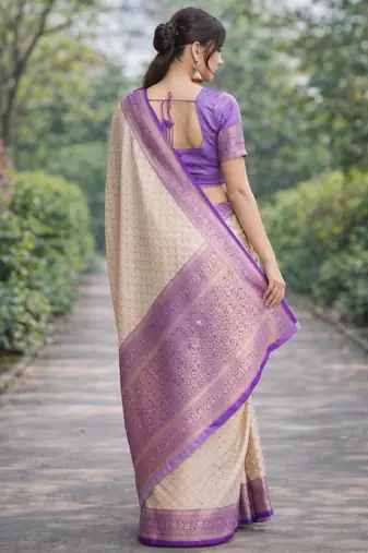 Off white sky kanjivaram silk blend banarasi saree with unstitched blouse piece