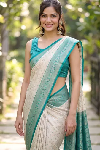 Off white sky soft kanjivaram silk banarasi jacuard work designer party wear saree with unstitched blouse piece