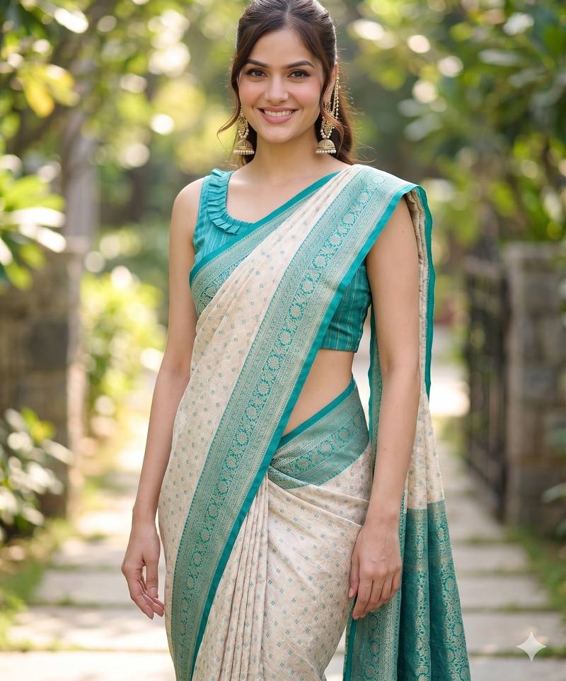 Off white sky soft kanjivaram silk banarasi jacuard work designer party wear saree with unstitched blouse piece