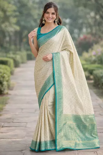 Off white sky kanjivaram silk blend banarasi saree with unstitched blouse piece