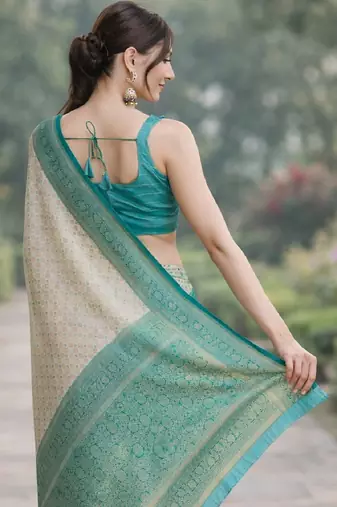 Off white sky kanjivaram silk blend banarasi saree with unstitched blouse piece