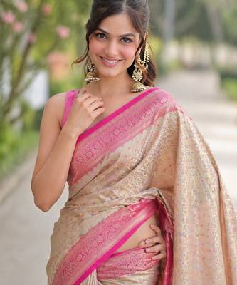 Off white pink kanjivaram silk blend banarasi saree with unstitched blouse piece 1