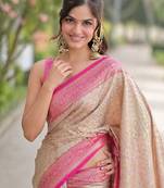 Off white pink kanjivaram silk blend banarasi saree with unstitched blouse piece