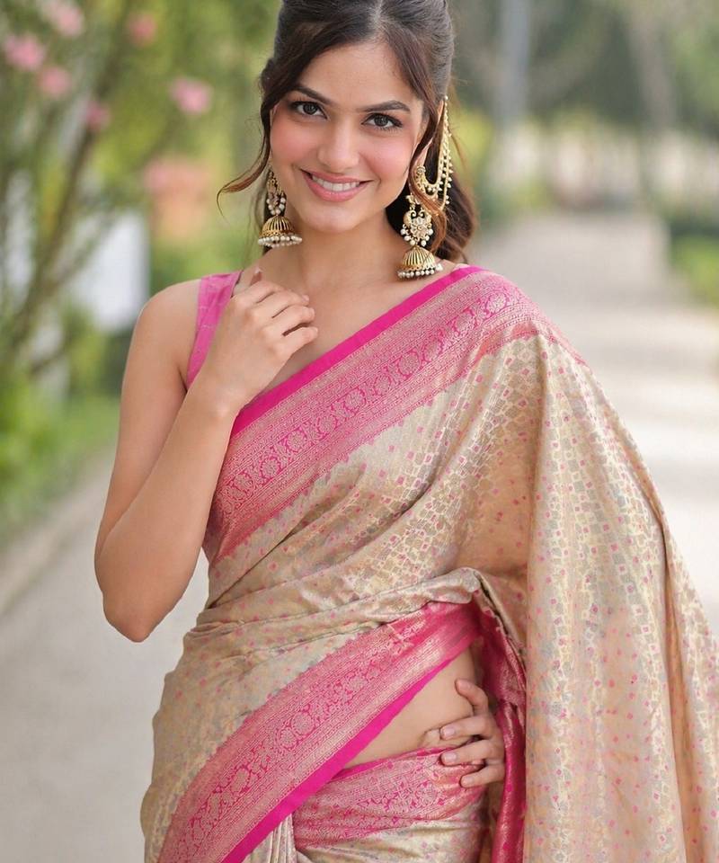 Off white pink soft kanjivaram silk banarasi jacuard work designer party wear saree with unstitched blouse piece
