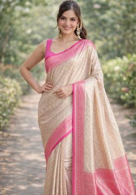 Off white pink kanjivaram silk blend banarasi saree with unstitched blouse piece 3