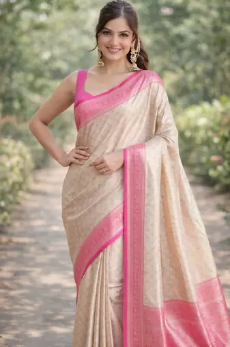 Off white pink kanjivaram silk blend banarasi saree with unstitched blouse piece