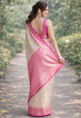 Off white pink kanjivaram silk blend banarasi saree with unstitched blouse piece 4