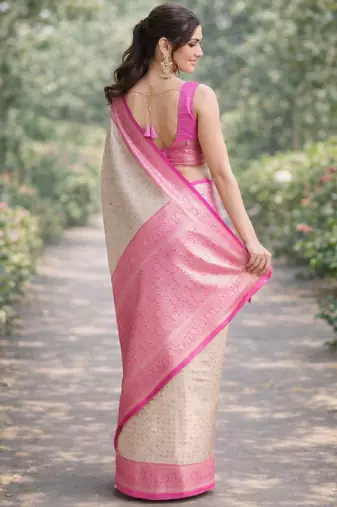 Off white pink kanjivaram silk blend banarasi saree with unstitched blouse piece