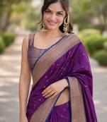 Wine silk blend banarasi saree with unstitched blouse piece