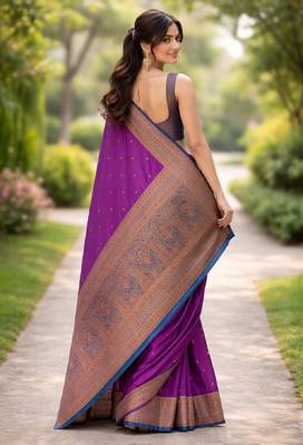 Wine silk blend banarasi saree with unstitched blouse piece 3