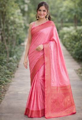 Pink silk blend banarasi saree with unstitched blouse piece 4
