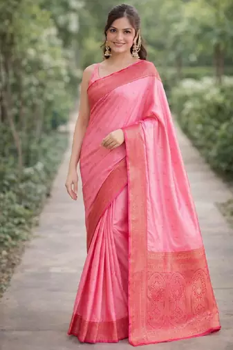 Pink silk blend banarasi saree with unstitched blouse piece