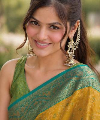 Yellow silk blend banarasi saree with unstitched blouse piece 2
