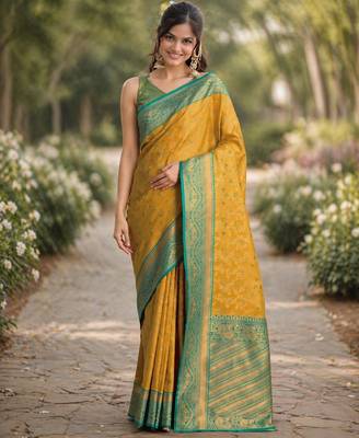 Yellow silk blend banarasi saree with unstitched blouse piece 3