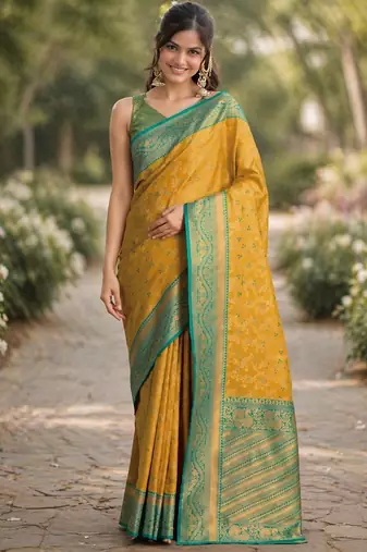 Yellow silk blend banarasi saree with unstitched blouse piece