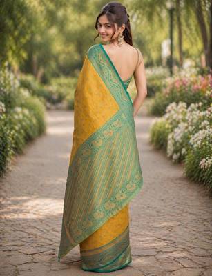 Yellow silk blend banarasi saree with unstitched blouse piece 4