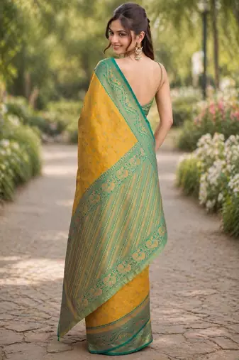 Yellow silk blend banarasi saree with unstitched blouse piece