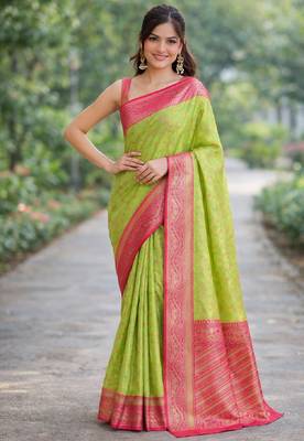 Parrot green silk blend banarasi saree with unstitched blouse piece 2