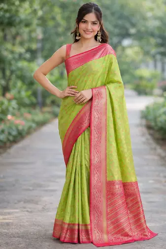 Parrot green silk blend banarasi saree with unstitched blouse piece