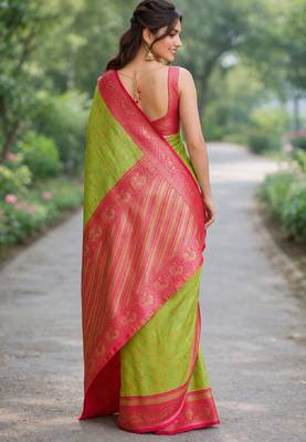 Parrot green silk blend banarasi saree with unstitched blouse piece 3