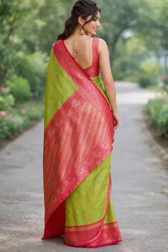 Parrot green silk blend banarasi saree with unstitched blouse piece
