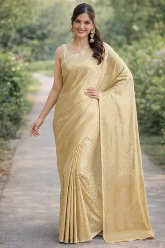 Off white silk blend banarasi saree with unstitched blouse piece