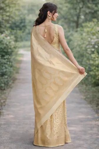 Off white silk blend banarasi saree with unstitched blouse piece