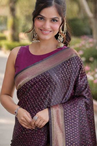 Purple soft silk banarasi jacuard work designer party wear saree with unstitched blouse piece