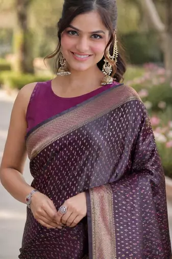 Purple soft silk banarasi jacuard work designer party wear saree with unstitched blouse piece
