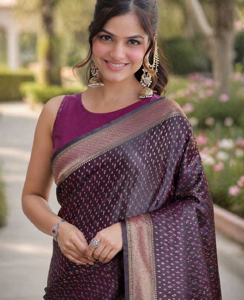 Purple soft silk banarasi jacuard work designer party wear saree with unstitched blouse piece