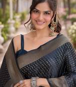 Blue silk blend banarasi saree with unstitched blouse piece