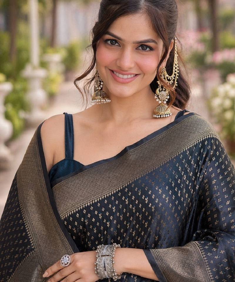 Blue soft silk banarasi jacuard work designer party wear saree with unstitched blouse piece