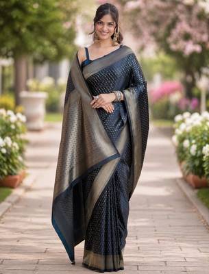 Blue silk blend banarasi saree with unstitched blouse piece 2