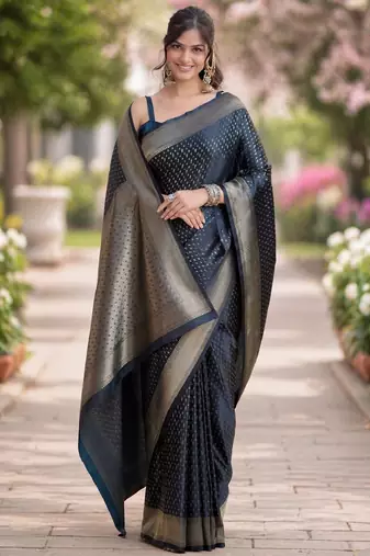 Blue silk blend banarasi saree with unstitched blouse piece