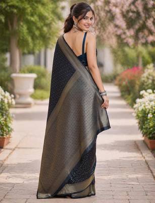 Blue silk blend banarasi saree with unstitched blouse piece 3