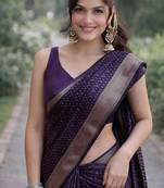 Wine silk blend banarasi saree with unstitched blouse piece