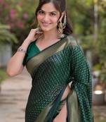 Green silk blend banarasi saree with unstitched blouse piece