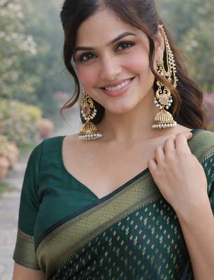 Green silk blend banarasi saree with unstitched blouse piece 2