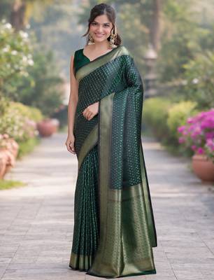 Green silk blend banarasi saree with unstitched blouse piece 3