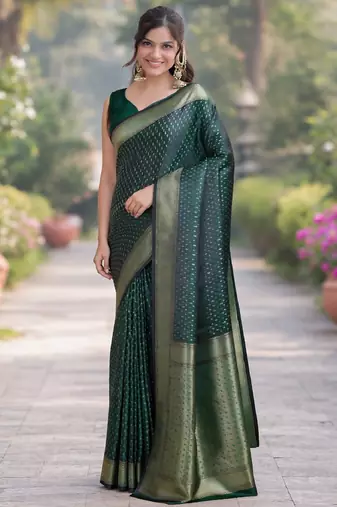 Green silk blend banarasi saree with unstitched blouse piece