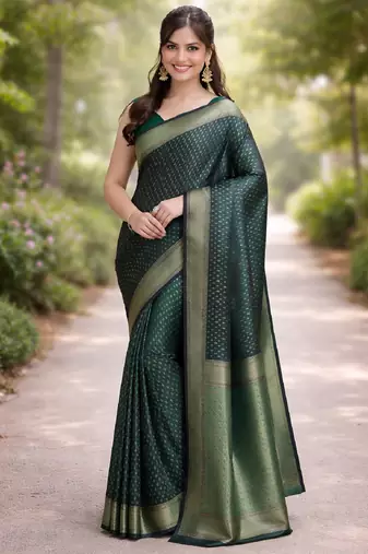 Green silk blend banarasi saree with unstitched blouse piece
