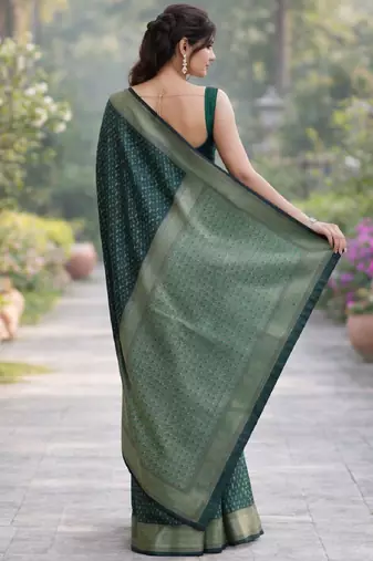 Green silk blend banarasi saree with unstitched blouse piece