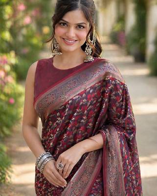 Maroon silk blend banarasi saree with unstitched blouse piece 1