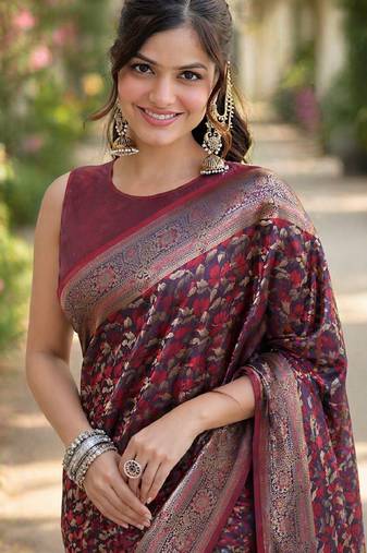 Maroon soft silk banarasi jacuard work designer party wear saree with unstitched blouse piece